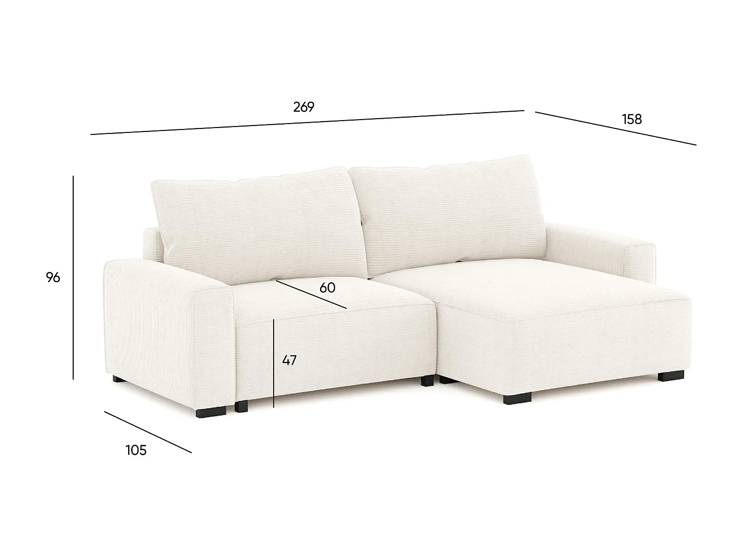 BUDWING Canapé-Lit Chaise Longue Lauren Beige - 4 Places - 269x158x96 cm