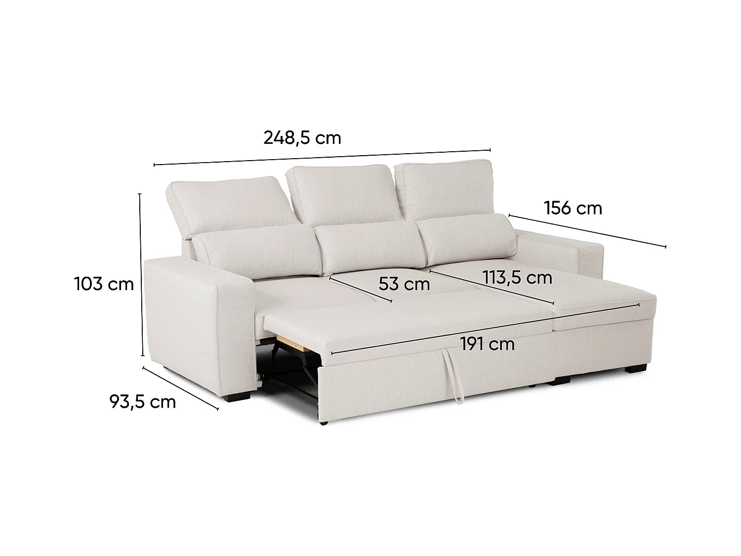 BUDWING Canapé-Lit Chaise Longue Harper Beige - 4 Places - 248,5x156x103 cm