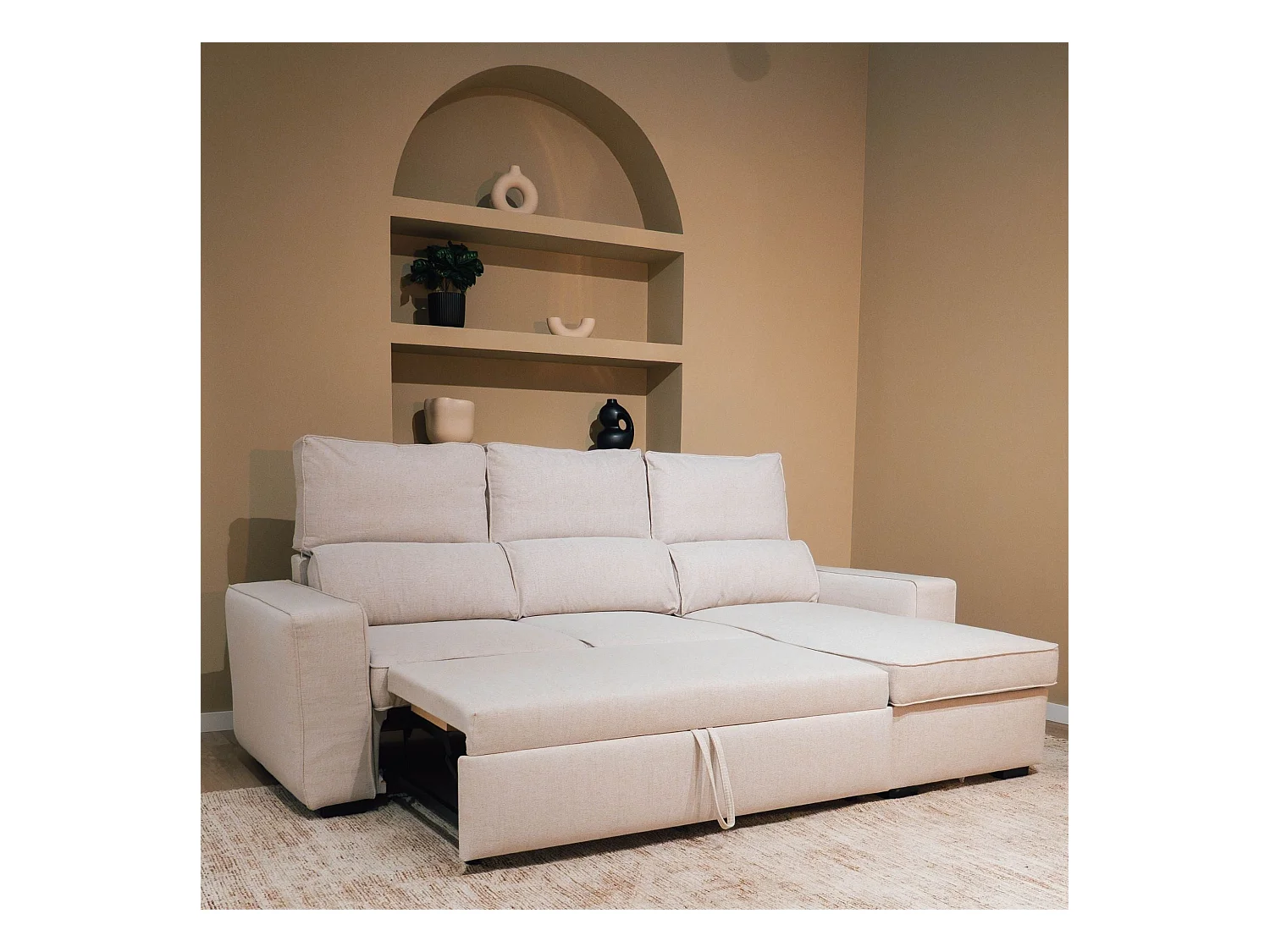 BUDWING Canapé-Lit Chaise Longue Harper Beige - 4 Places - 248,5x156x103 cm