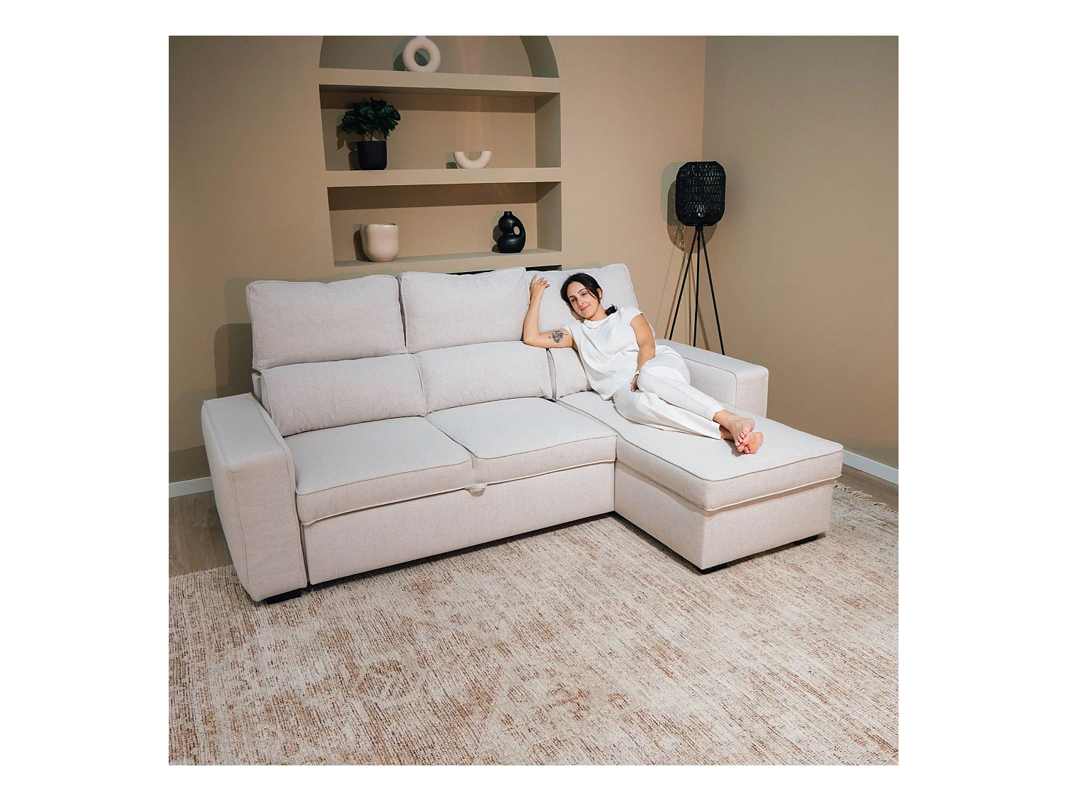 BUDWING Canapé-Lit Chaise Longue Harper Beige - 4 Places - 248,5x156x103 cm