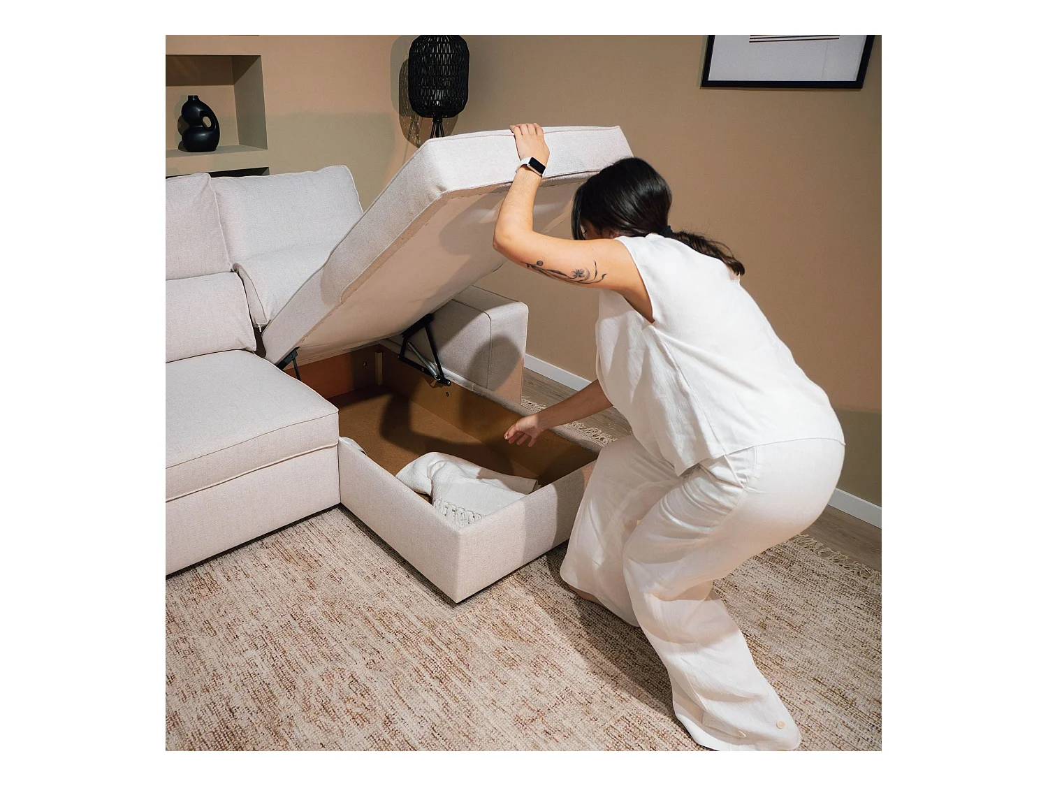 BUDWING Canapé-Lit Chaise Longue Harper Beige - 4 Places - 248,5x156x103 cm