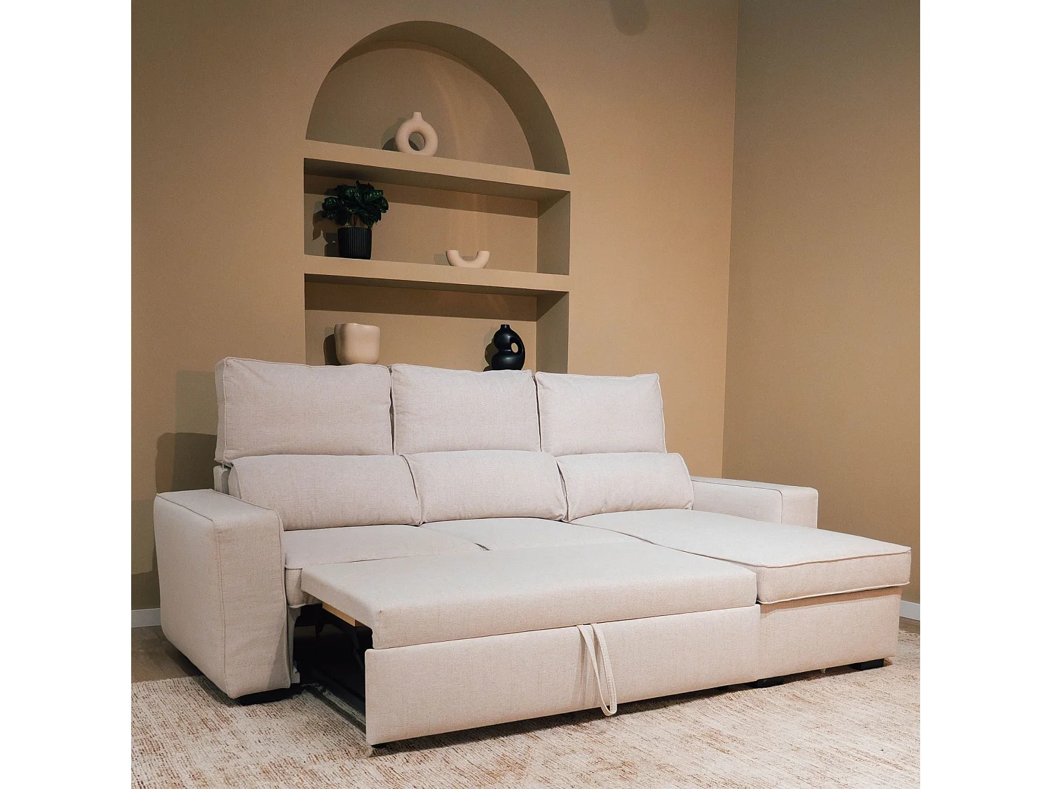 BUDWING Canapé-Lit Chaise Longue Harper Beige - 4 Places - 248,5x156x103 cm