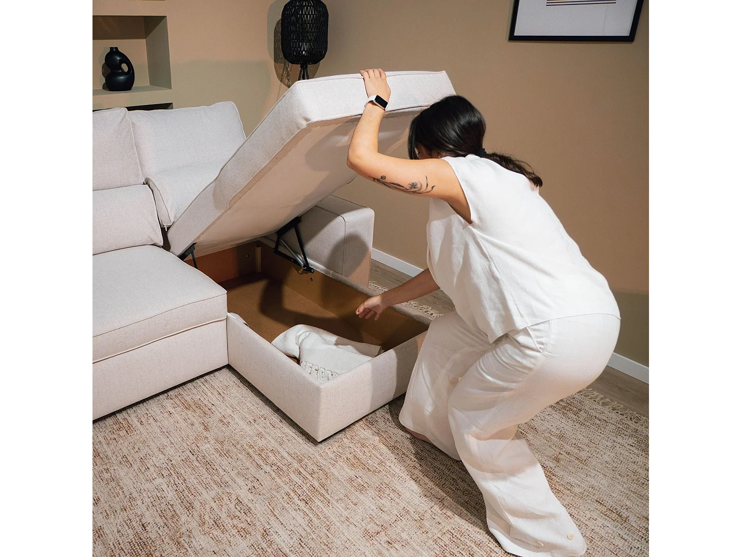 BUDWING Canapé-Lit Chaise Longue Harper Beige - 4 Places - 248,5x156x103 cm