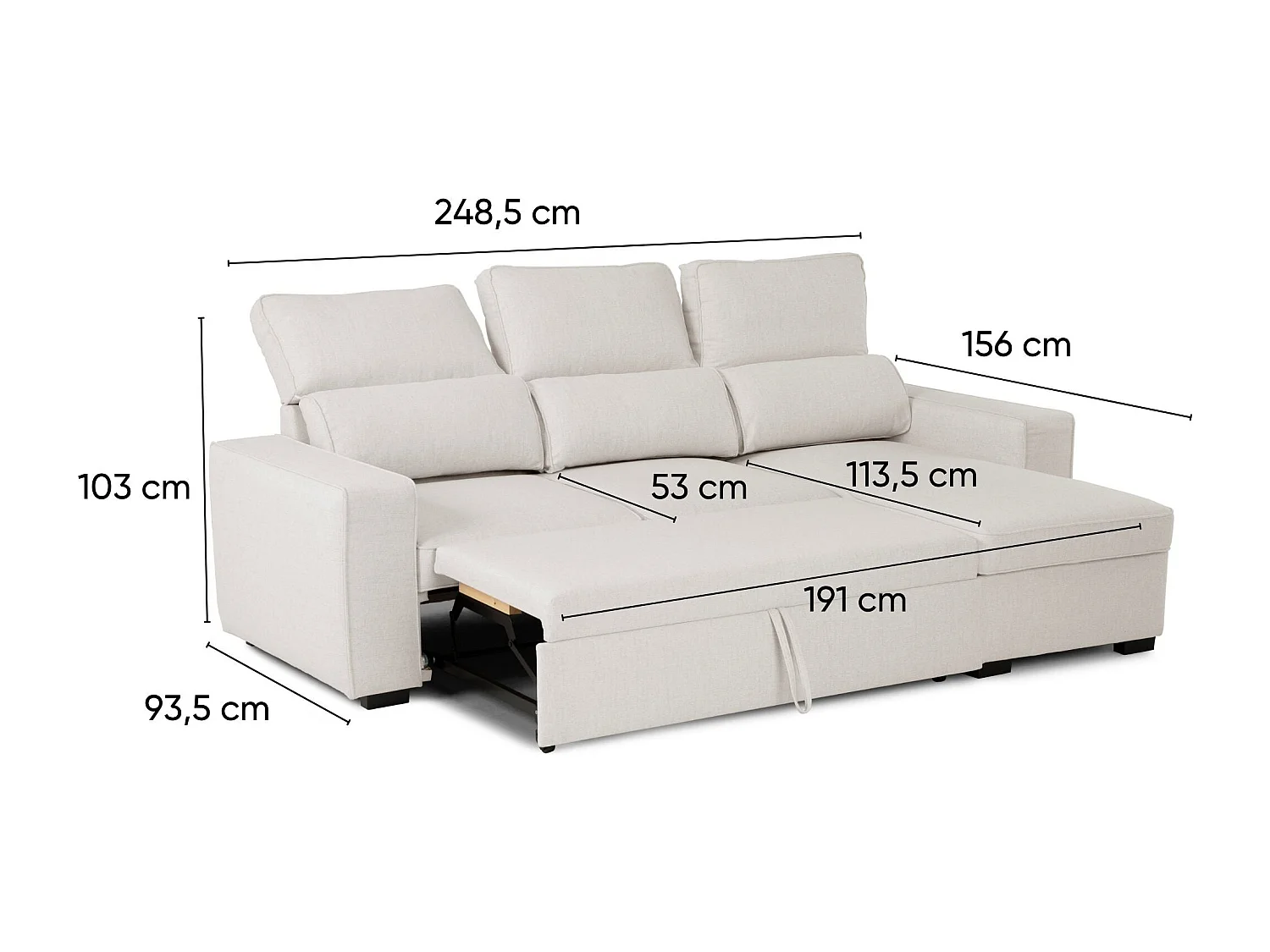 Canapé-lit 3 Places Beige - Chaise Longue Réversible Côté Droit/Gauche avec Rangement Intégré (248,5 x 117 x 103 cm) - HARPER