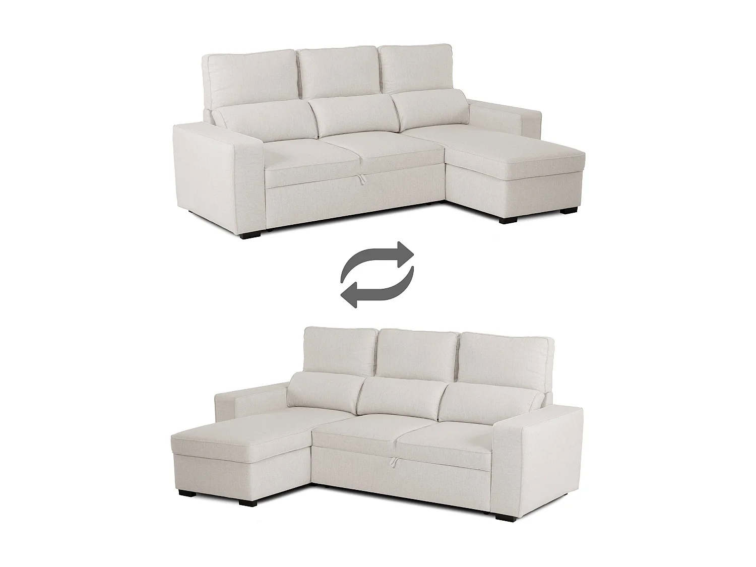 Canapé-lit 3 Places Beige - Chaise Longue Réversible Côté Droit/Gauche avec Rangement Intégré (248,5 x 117 x 103 cm) - HARPER