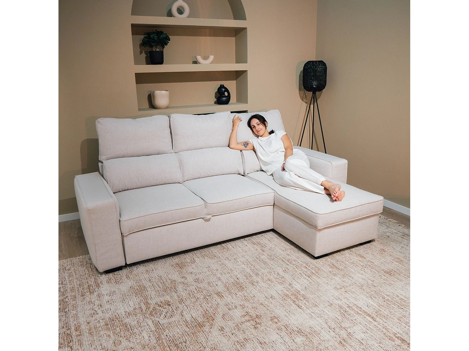 Canapé-lit 3 Places Beige - Chaise Longue Réversible Côté Droit/Gauche avec Rangement Intégré (248,5 x 117 x 103 cm) - HARPER