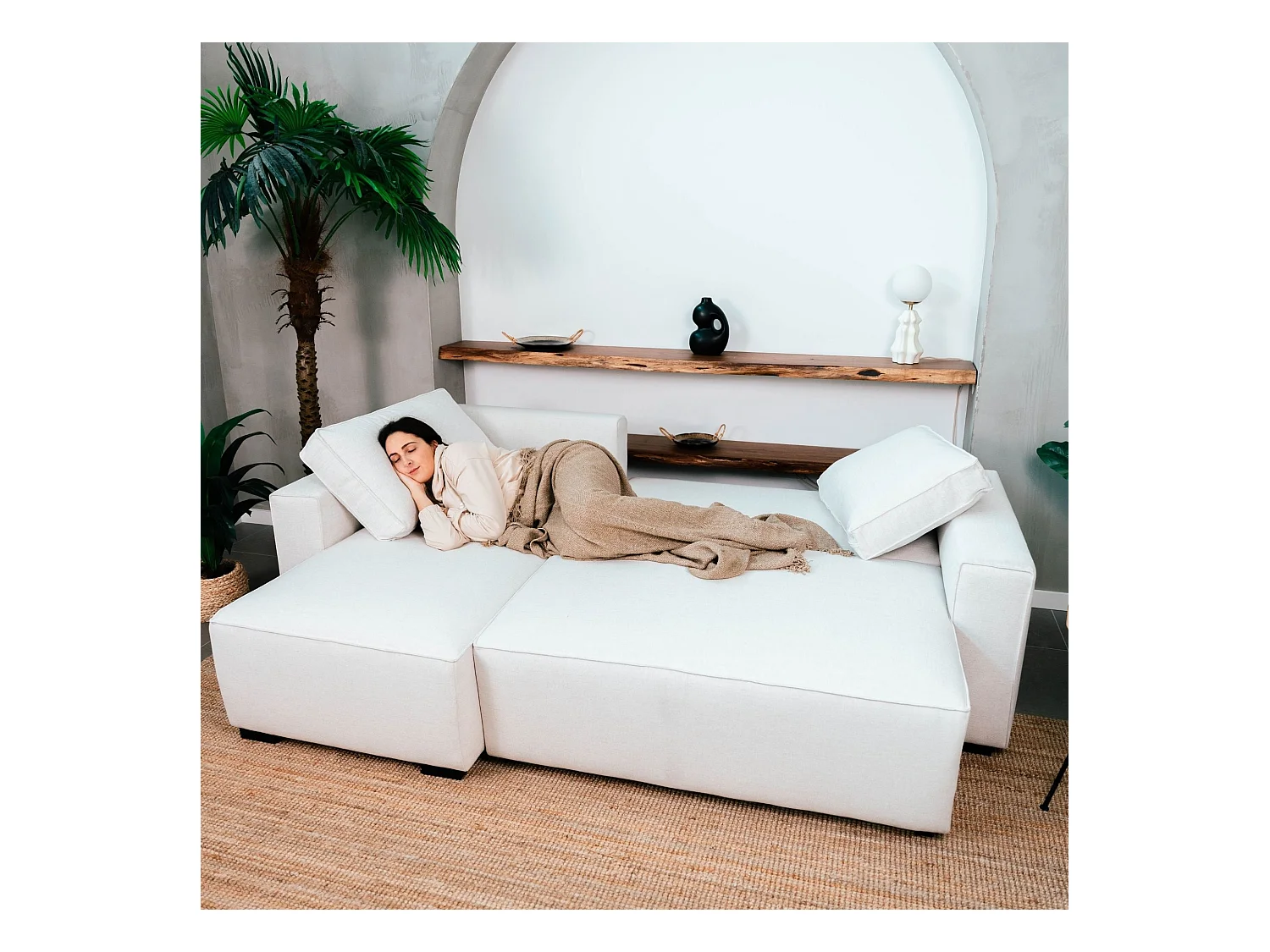 BUDWING Canapé-Lit Chaise Longue Jade Beige - 4 Places - 239x135x91 cm