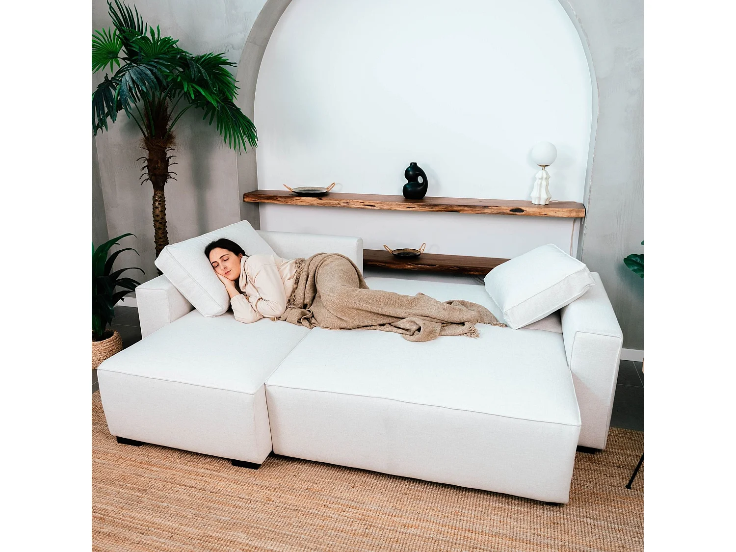 BUDWING Canapé-Lit Chaise Longue Jade Beige - 4 Places - 239x135x91 cm