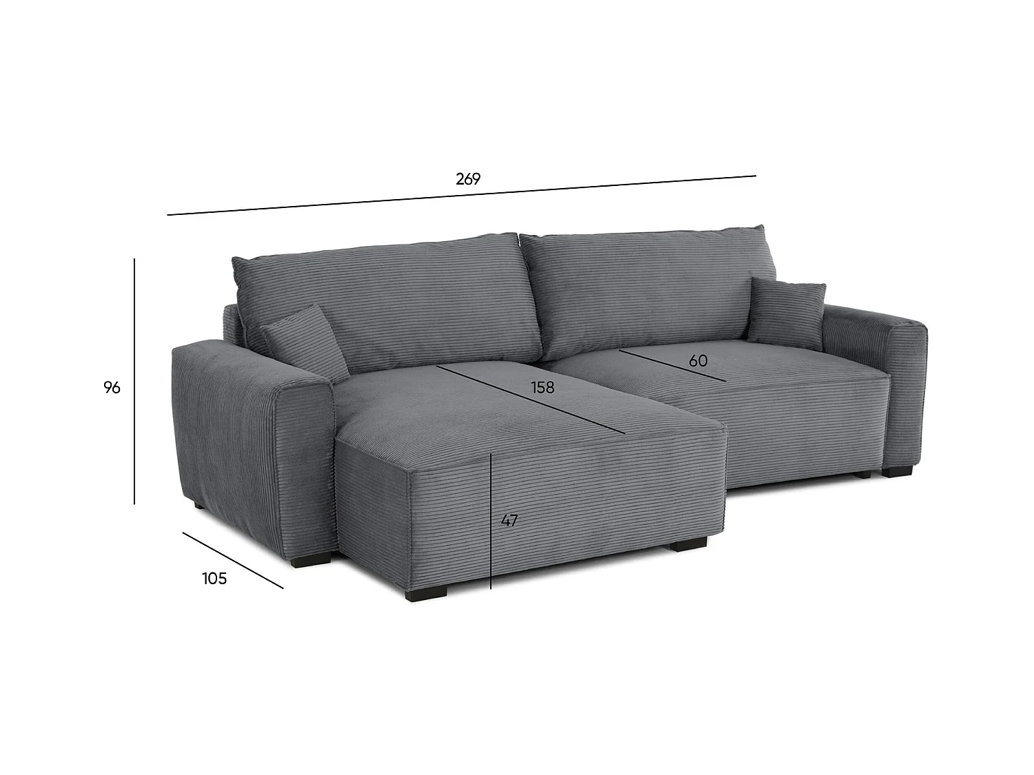 BUDWING Canapé-Lit Chaise Longue Lauren Gris Pur - 4 Places - 269x158x96 cm