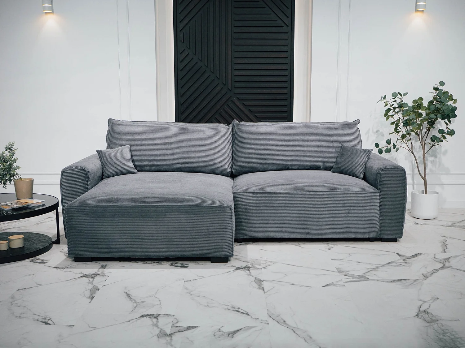 BUDWING Canapé-Lit Chaise Longue Lauren Gris Pur - 3 Places - 269x158x96 cm