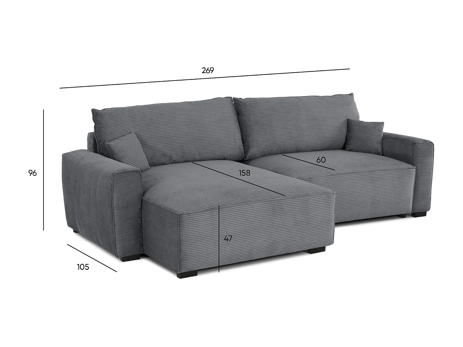 BUDWING Canapé-Lit Chaise Longue Lauren Gris Pur - 3 Places - 269x158x96 cm