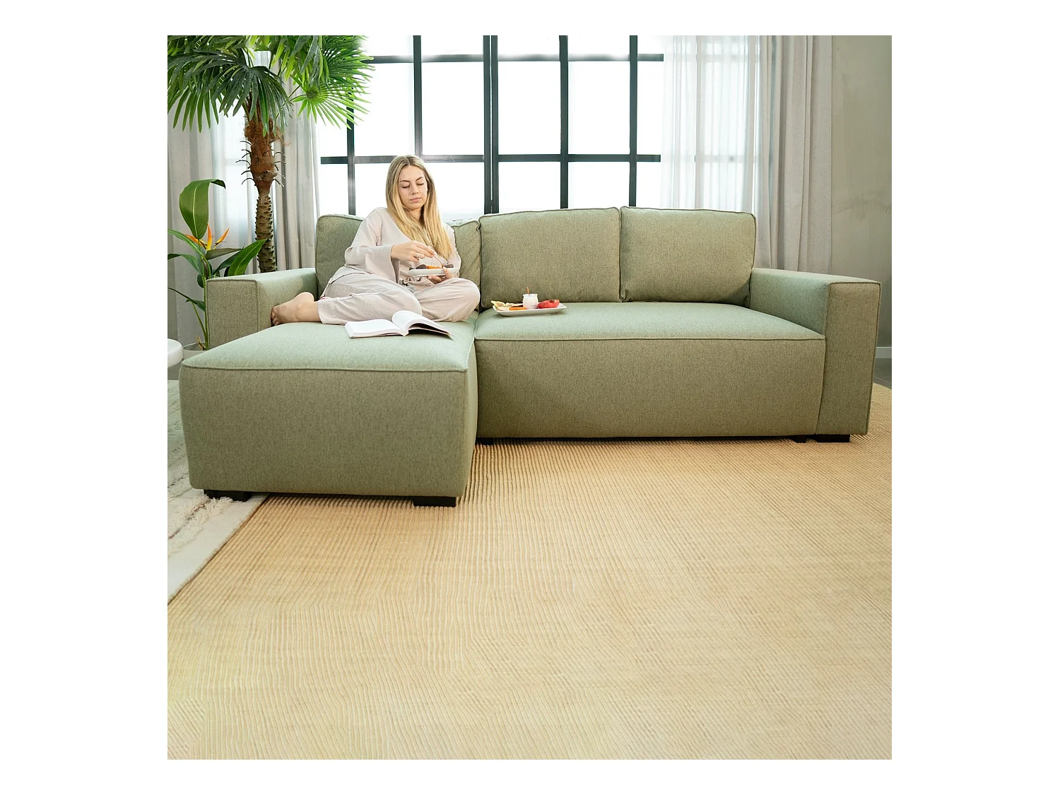 BUDWING Canapé-Lit Chaise Longue Jade Vert - 4 Places - 239x135x91 cm