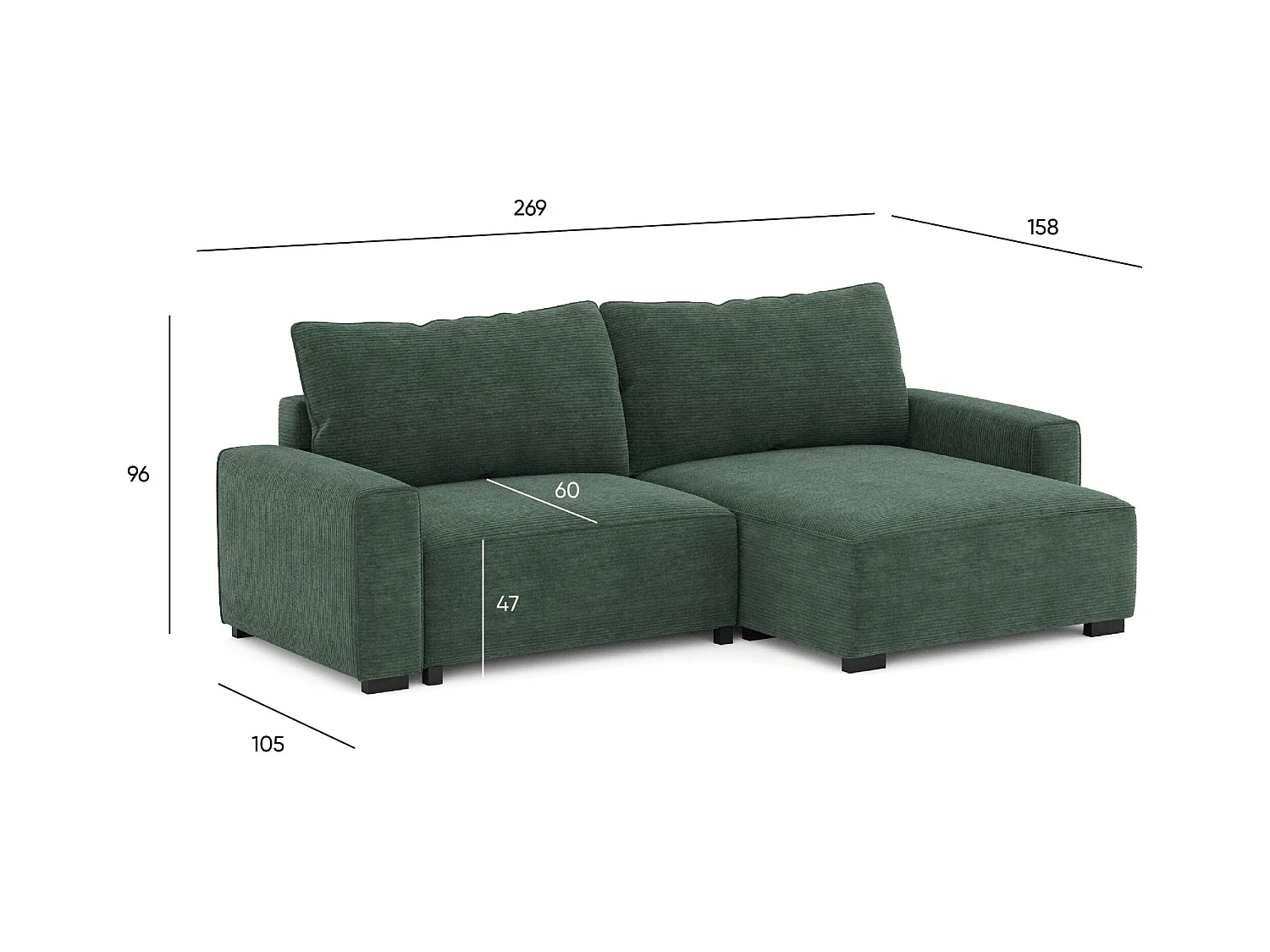 BUDWING Canapé-Lit Chaise Longue Lauren Vert Sapin - 4 Places - 269x158x96 cm