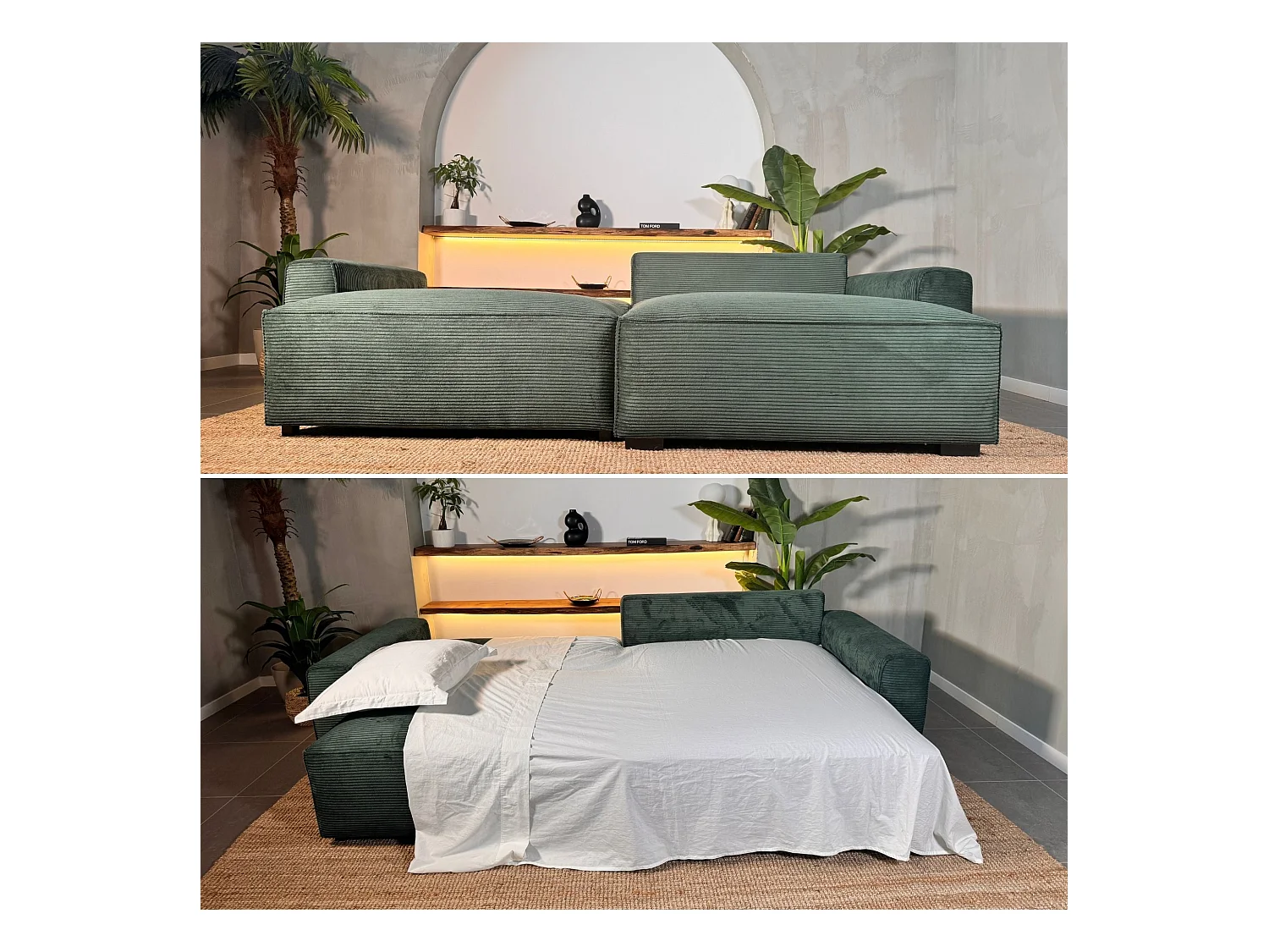 BUDWING Canapé-Lit Chaise Longue Lauren Vert Sapin - 4 Places - 269x158x96 cm