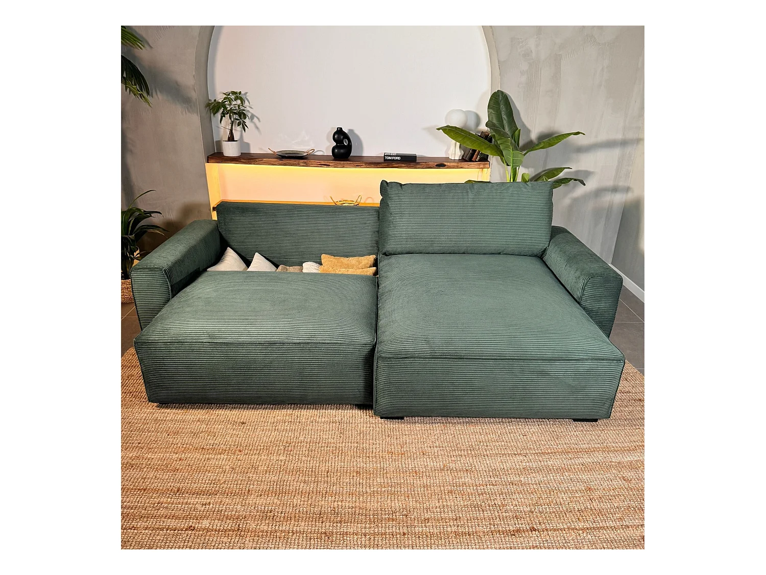 BUDWING Canapé-Lit Chaise Longue Lauren Vert Sapin - 4 Places - 269x158x96 cm