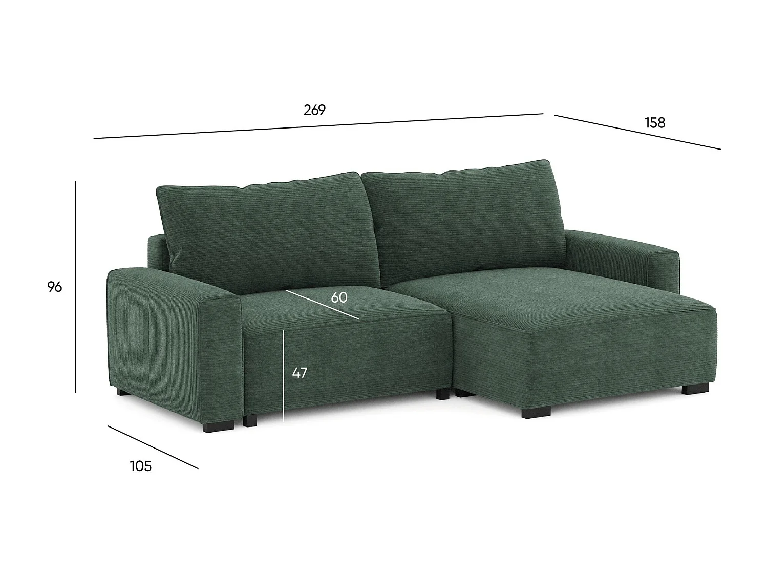 BUDWING Canapé-Lit Chaise Longue Lauren Vert Sapin - 4 Places - 269x158x96 cm