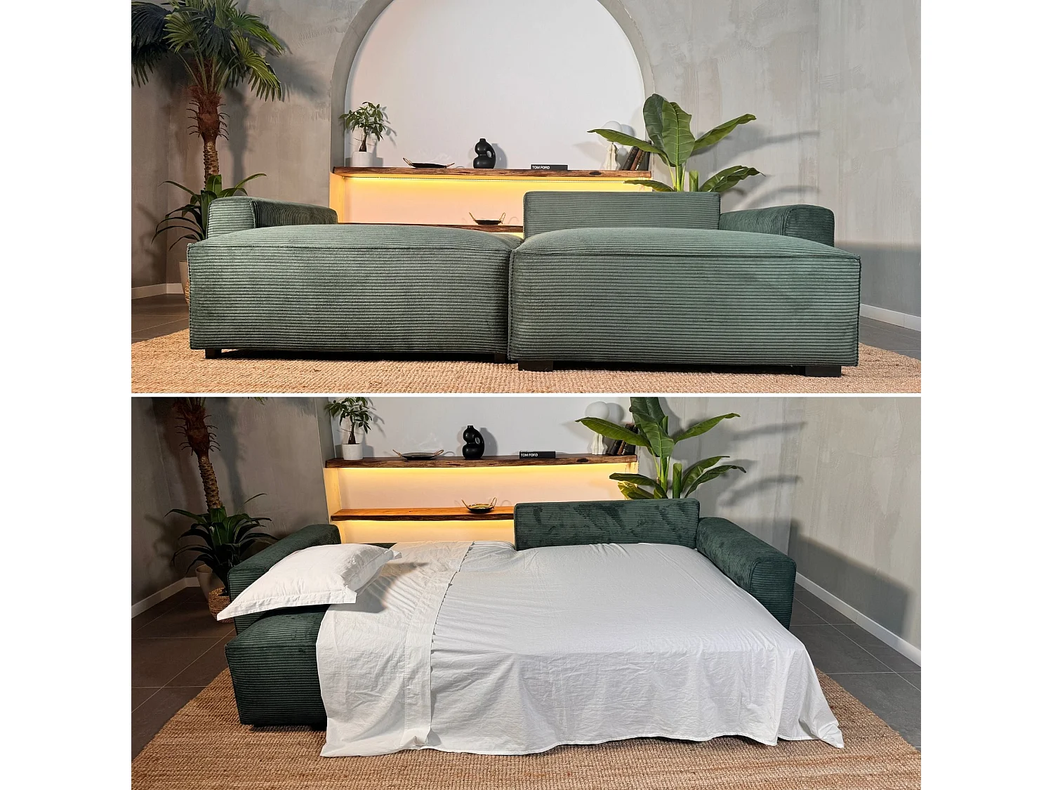 BUDWING Canapé-Lit Chaise Longue Lauren Vert Sapin - 4 Places - 269x158x96 cm