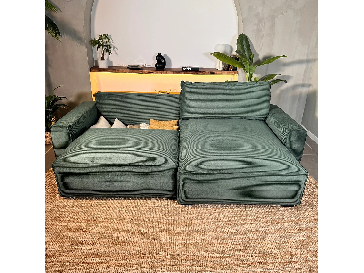 BUDWING Canapé-Lit Chaise Longue Lauren Vert Sapin - 4 Places - 269x158x96 cm
