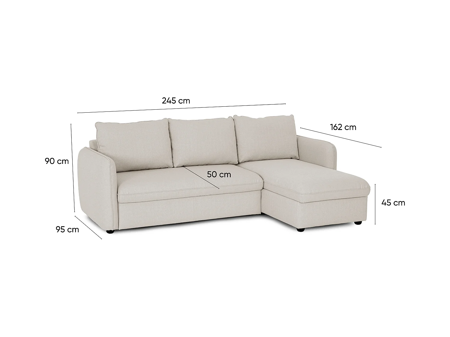 BUDWING Canapé-Lit Chaise Longue Vogue Beige - 4 Places - 240,5x168,5x93 cm
