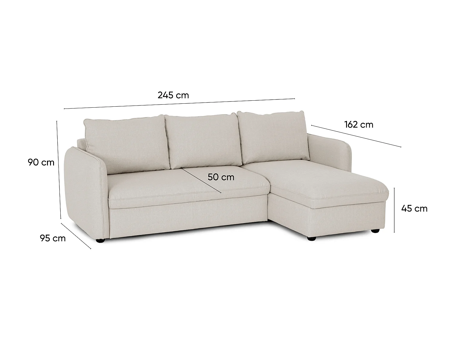 BUDWING Canapé-Lit Chaise Longue Vogue Beige - 4 Places - 240,5x168,5x93 cm