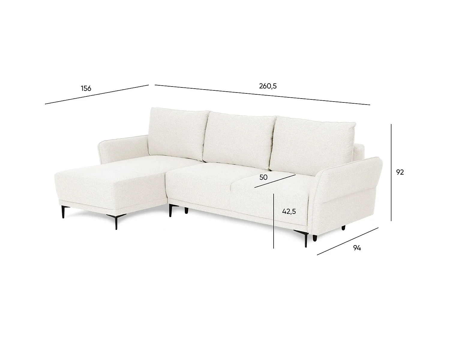 BUDWING Canapé-Lit Chaise Longue Toby Beige - 4 Places - 260,5x156x92 cm