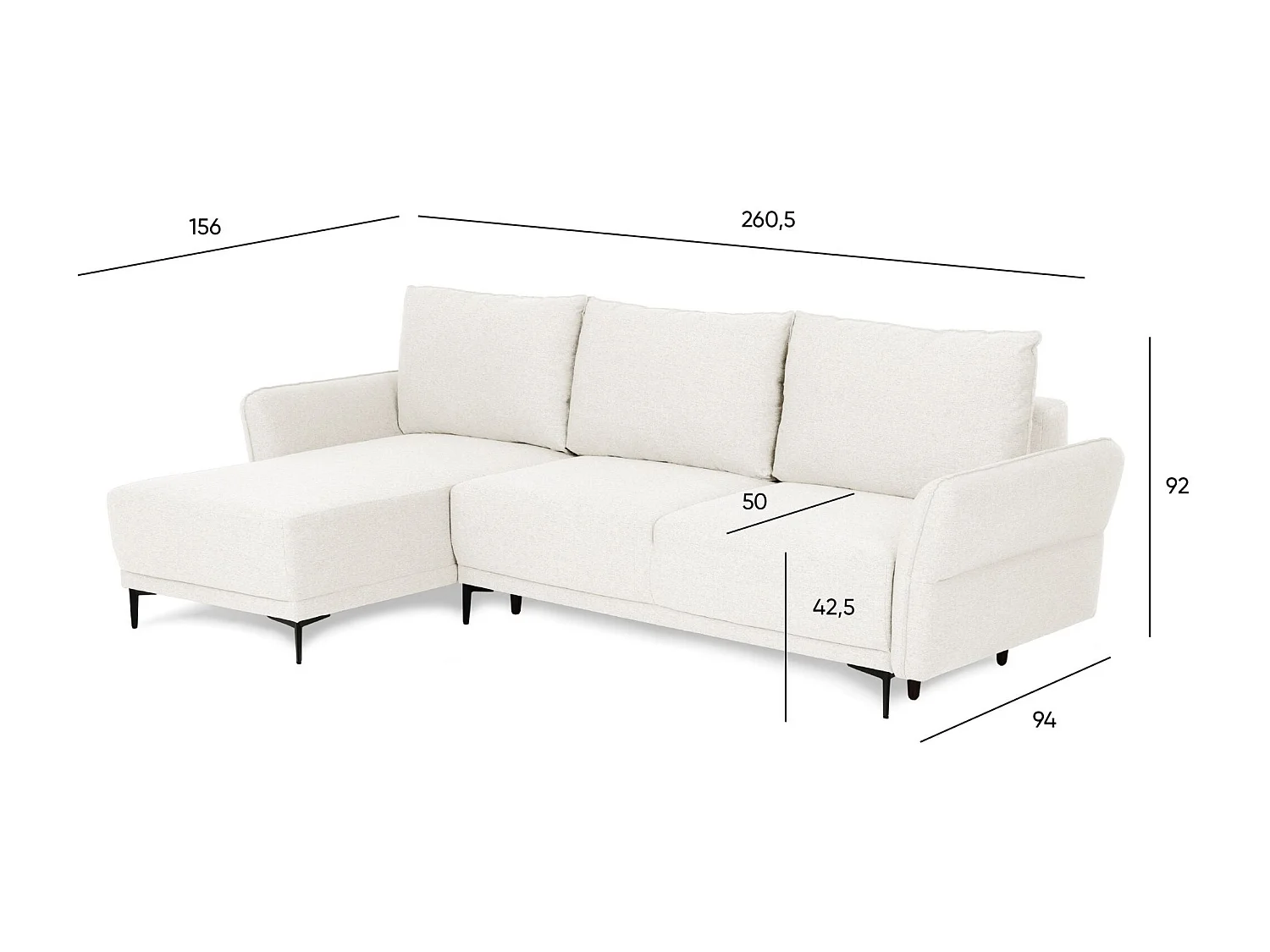 BUDWING Canapé-Lit Chaise Longue Toby Beige - 4 Places - 260,5x156x92 cm