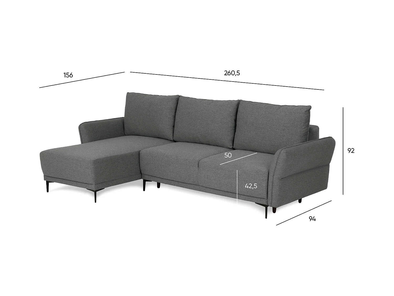 BUDWING Canapé-Lit Chaise Longue Toby Gris Volcan - 4 Places - 260,5x156x92 cm