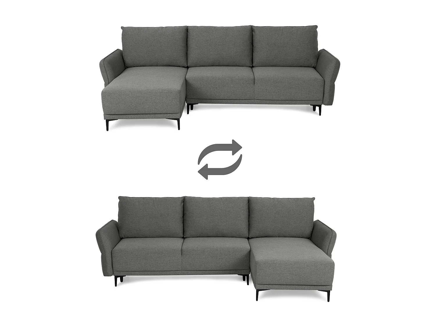 Canapé-lit 3 Places Gris Volcan avec Chaise Longue Réversible Côté Droit/Gauche (260,5 x 156 x 92 cm) - TOBY