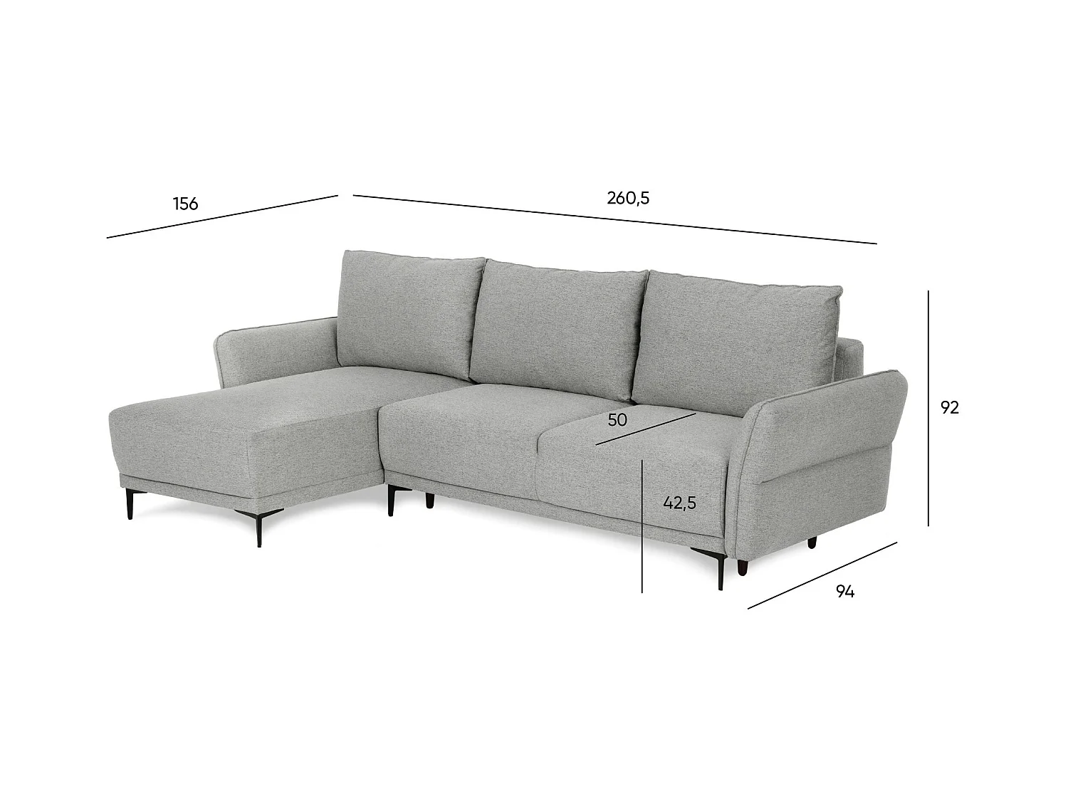 BUDWING Canapé-Lit Chaise Longue Toby Gris Tempête - 4 Places - 260,5x156x92 cm