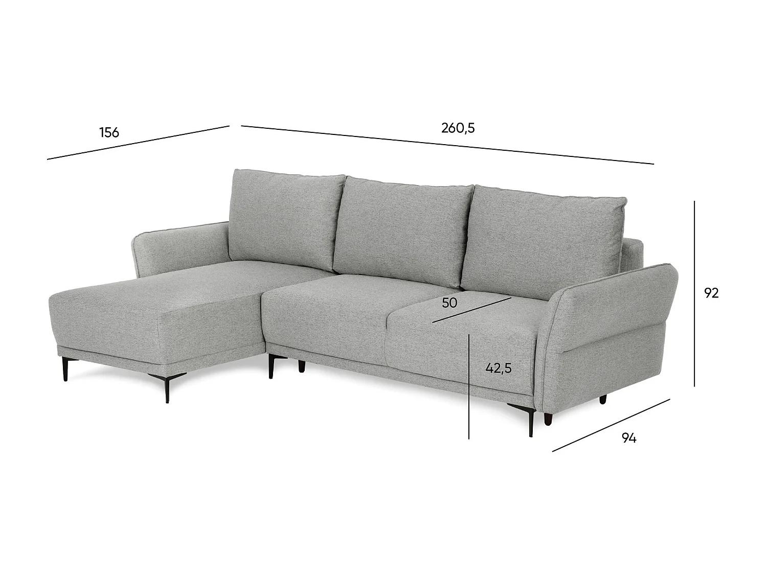 BUDWING Canapé-Lit Chaise Longue Toby Gris Tempête - 4 Places - 260,5x156x92 cm