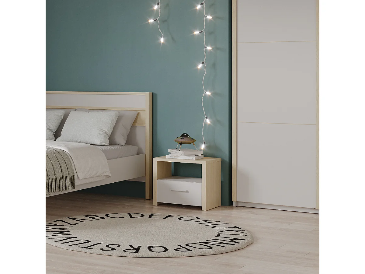 Chevet 1 tiroir et 1 niche décor blanc et chêne de fil L47,6 cm - HEVA