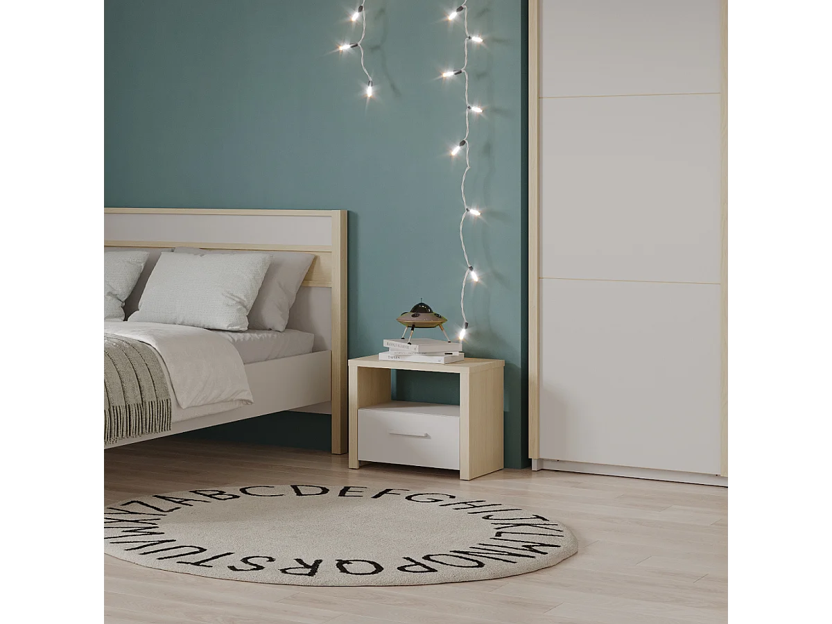 Chevet 1 tiroir et 1 niche décor blanc et chêne de fil L47,6 cm - HEVA