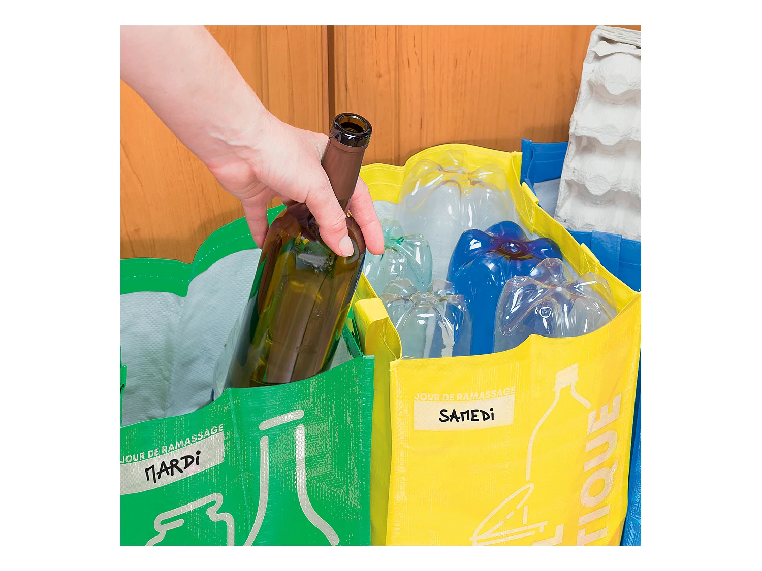 Lot de 3 sacs de tris - Bleu, jaune et vert