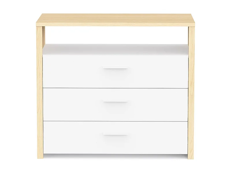 Commode 3 tiroirs et 1 niche décor blanc et chêne de fil L93 cm - HEVA