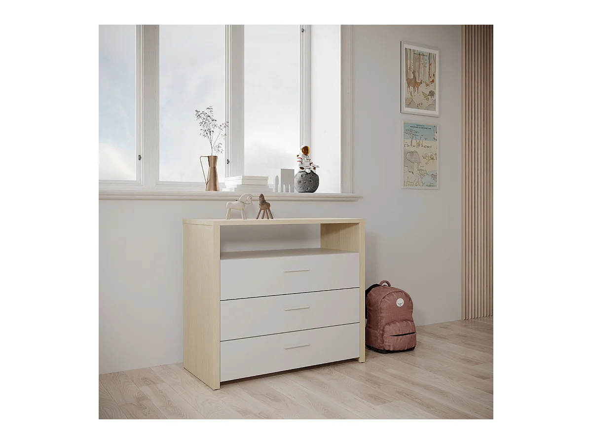 Commode 3 tiroirs et 1 niche décor blanc et chêne de fil L93 cm - HEVA
