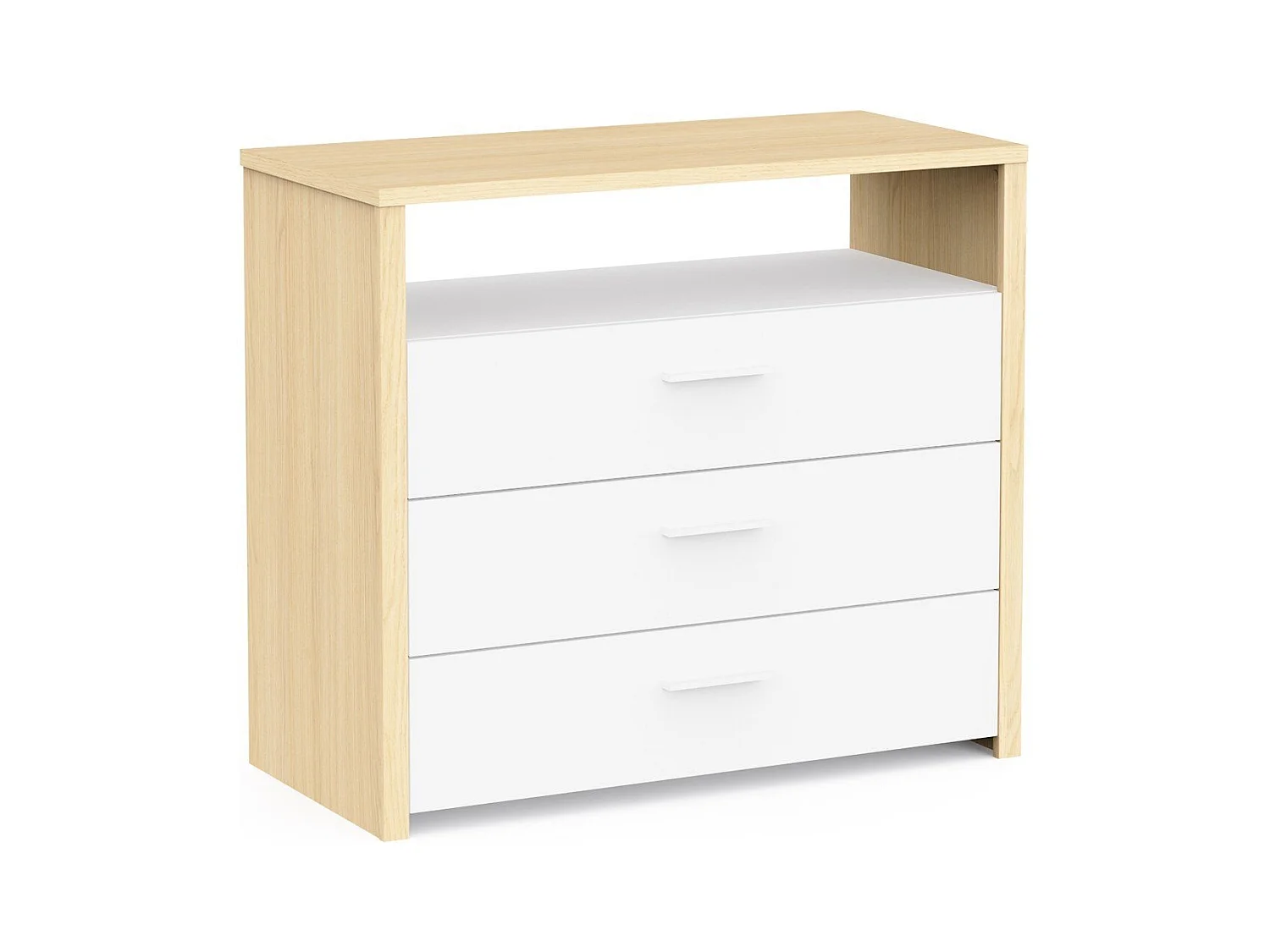 Commode 3 tiroirs et 1 niche décor blanc et chêne de fil L93 cm - HEVA