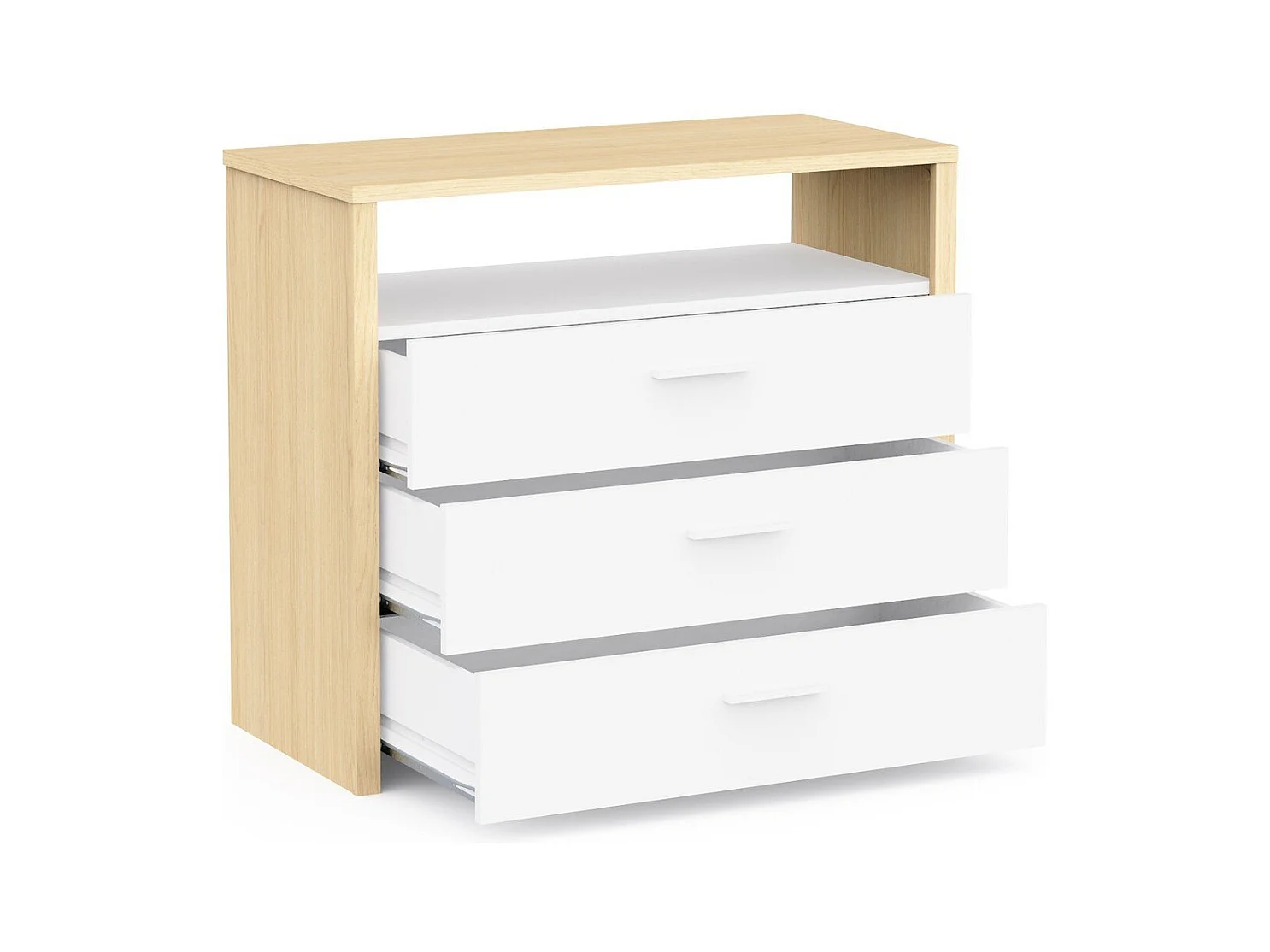 Commode 3 tiroirs et 1 niche décor blanc et chêne de fil L93 cm - HEVA
