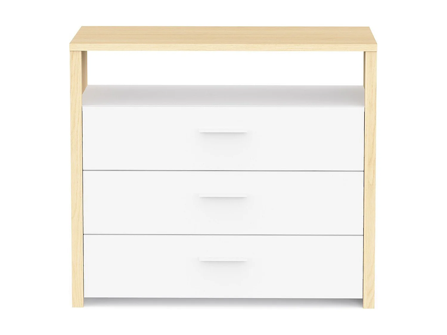 Commode 3 tiroirs et 1 niche décor blanc et chêne de fil L93 cm - HEVA