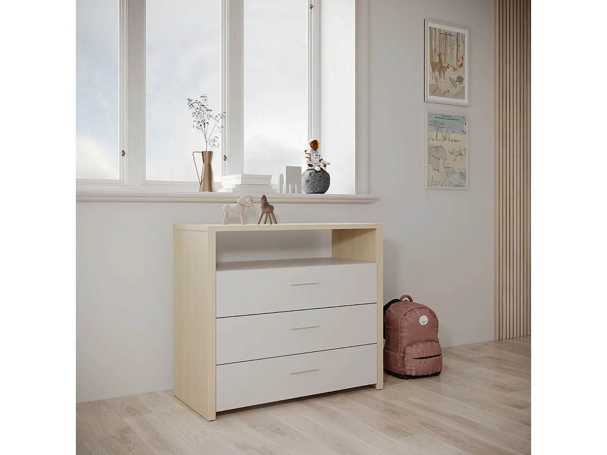 Commode 3 tiroirs et 1 niche décor blanc et chêne de fil L93 cm - HEVA