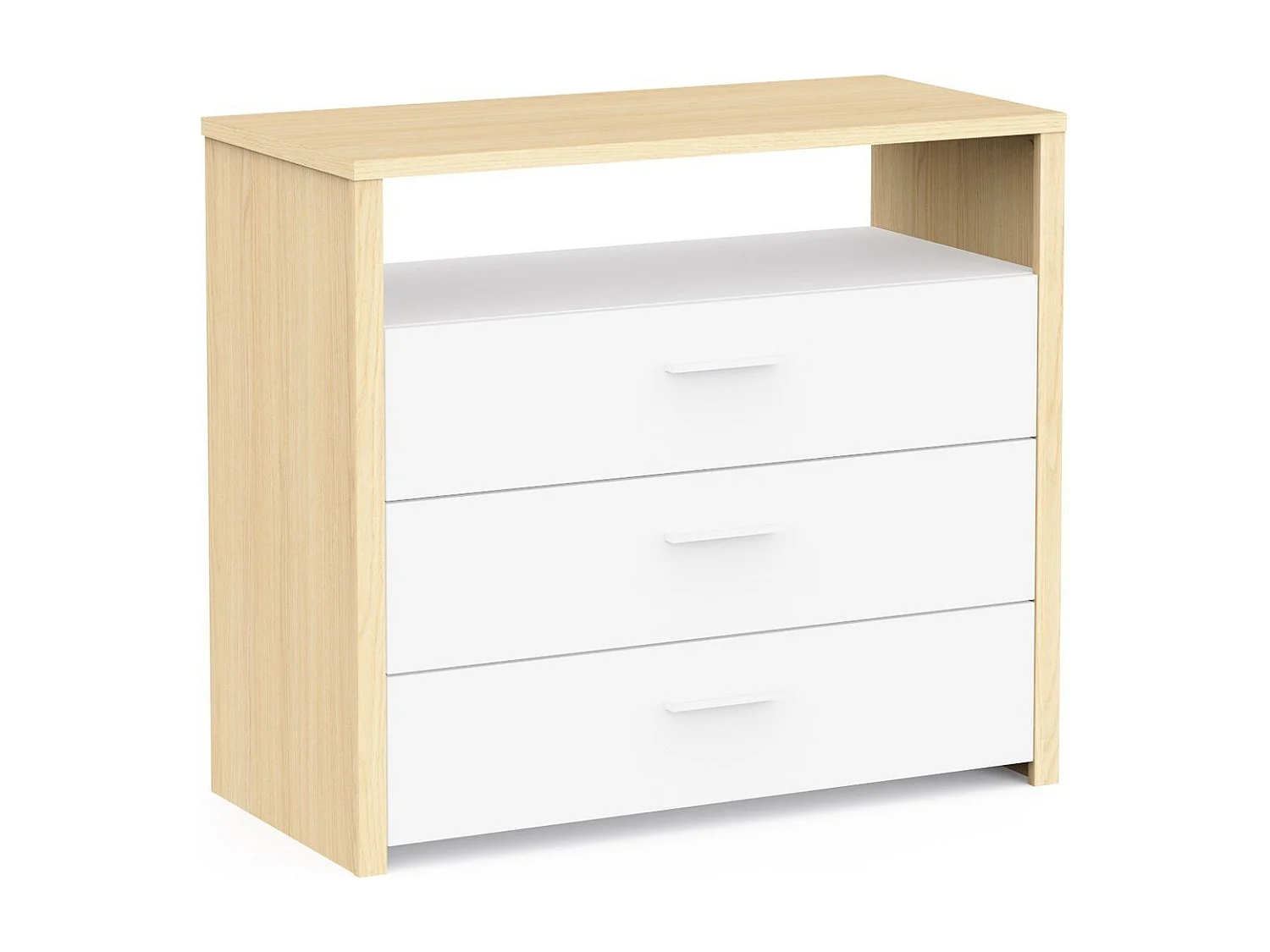 Commode 3 tiroirs et 1 niche décor blanc et chêne de fil L93 cm - HEVA