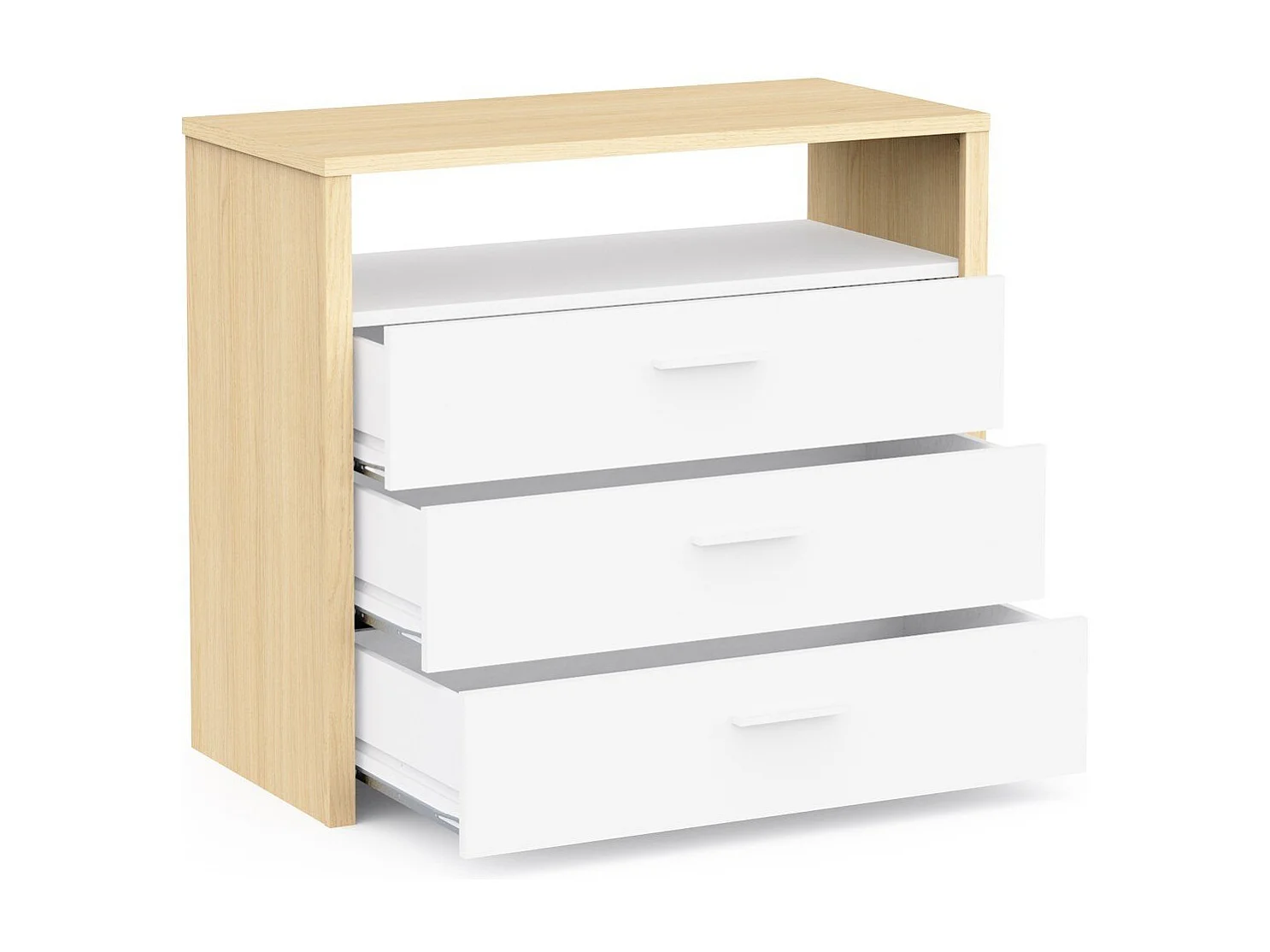Commode 3 tiroirs et 1 niche décor blanc et chêne de fil L93 cm - HEVA