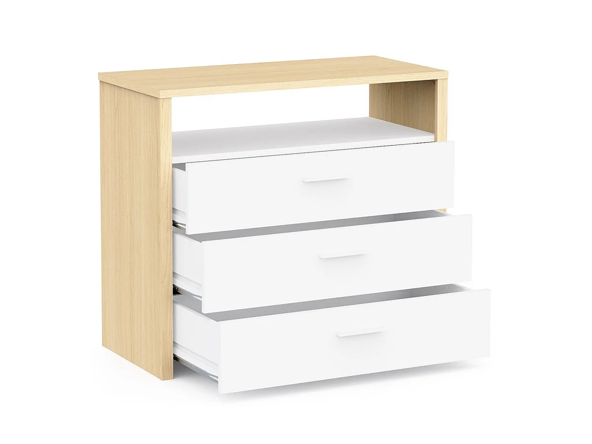 Comò 3 cassetti e 1 nicchia decorativa bianca e rovere naturale L93 cm - HEVA