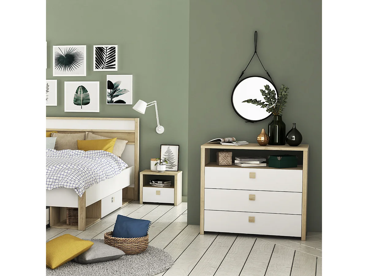 Comò 3 cassetti e 1 nicchia decorativa bianca e rovere naturale L93 cm - HEVA