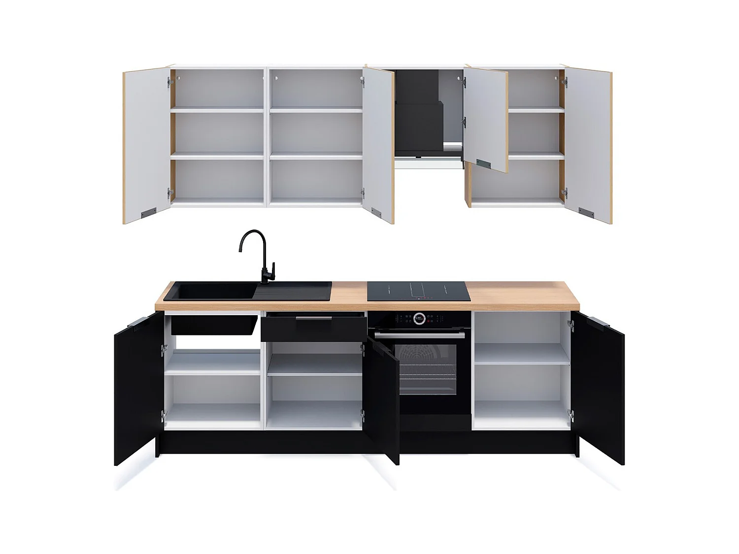 Ensemble de 8 meubles de cuisine - L. 245 cm - noir et chêne clair cannelé - Luzia Mix