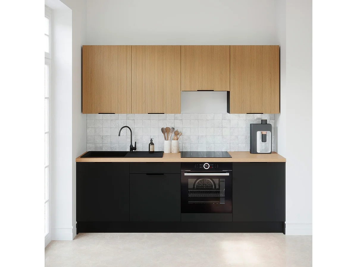 Ensemble de 8 meubles de cuisine - L. 245 cm - noir et chêne clair cannelé - Luzia Mix