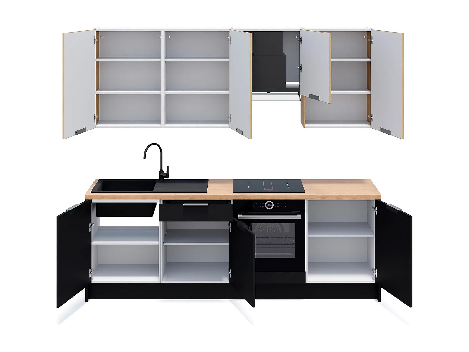 Ensemble de 8 meubles de cuisine - L. 245 cm - noir et chêne clair cannelé - Luzia Mix