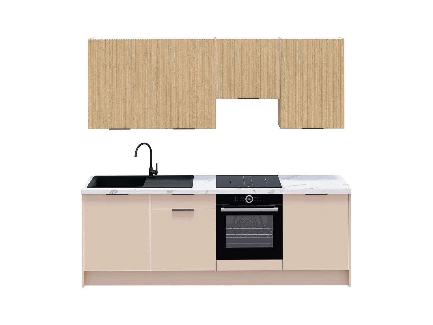 Ensemble de 8 meubles de cuisine - L. 245 cm - beige cachemire et chêne clair cannelé - Luzia Mix