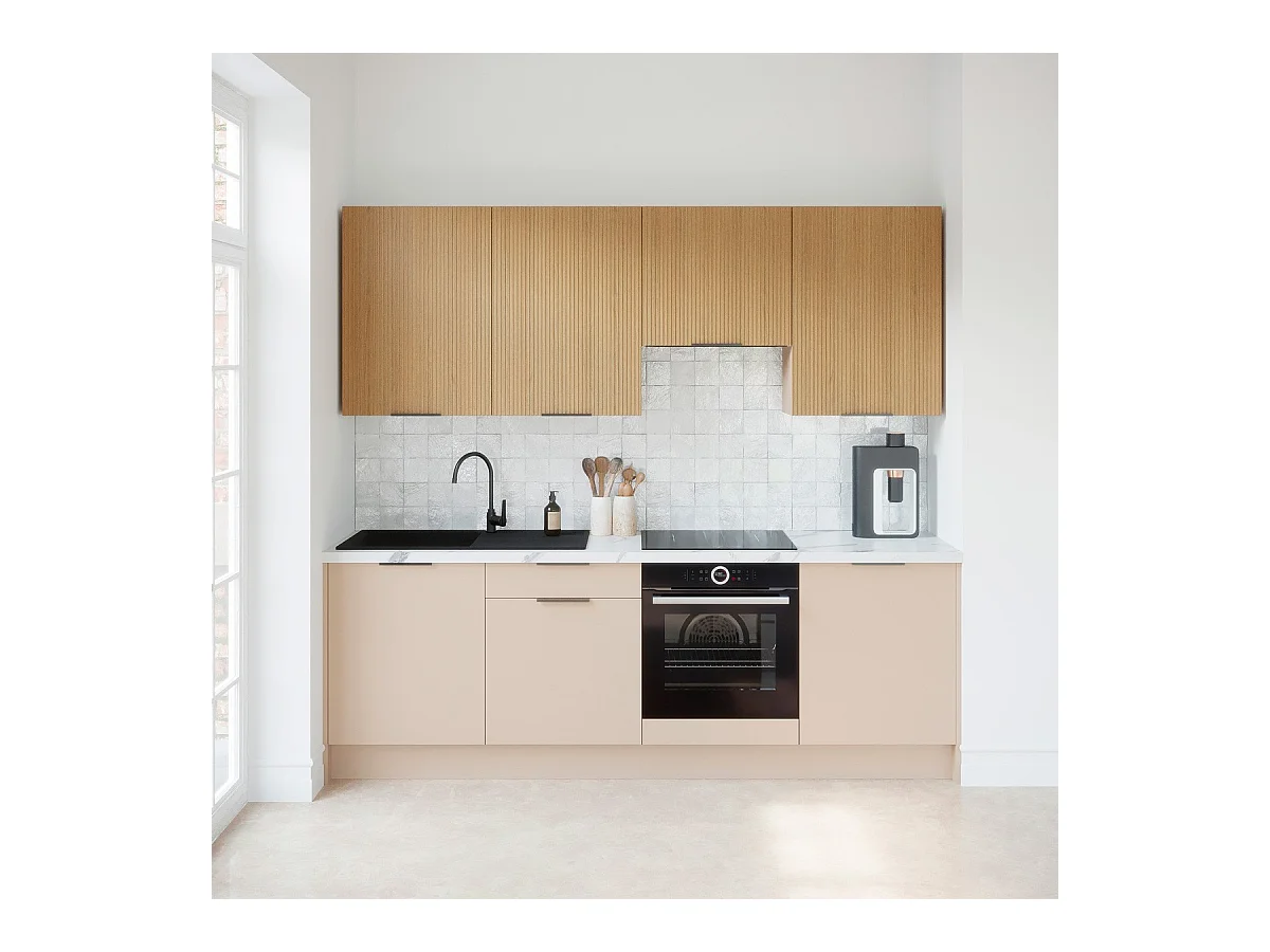 Ensemble de 8 meubles de cuisine - L. 245 cm - beige cachemire et chêne clair cannelé - Luzia Mix