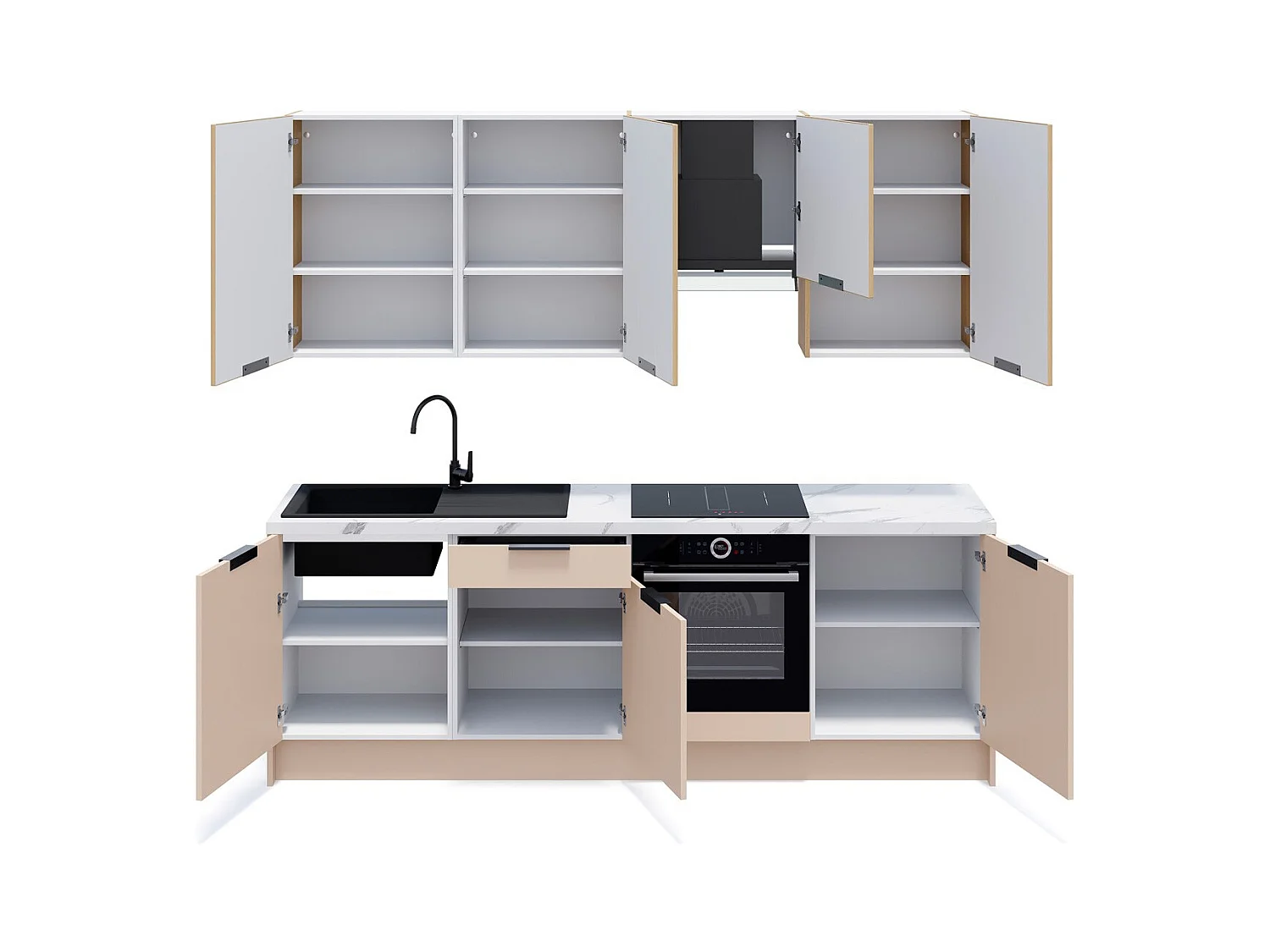 Ensemble de 8 meubles de cuisine - L. 245 cm - beige cachemire et chêne clair cannelé - Luzia Mix