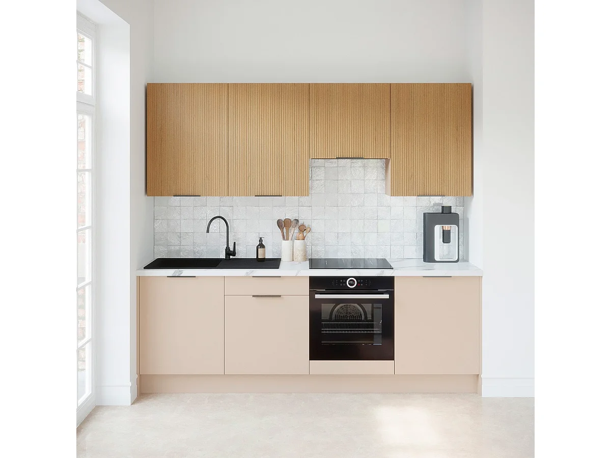 Ensemble de 8 meubles de cuisine - L. 245 cm - beige cachemire et chêne clair cannelé - Luzia Mix